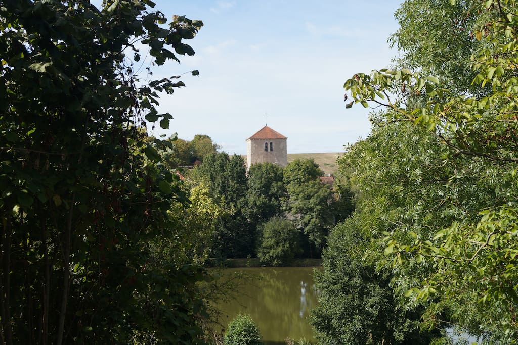 Vue du jardin, église 11e siècle