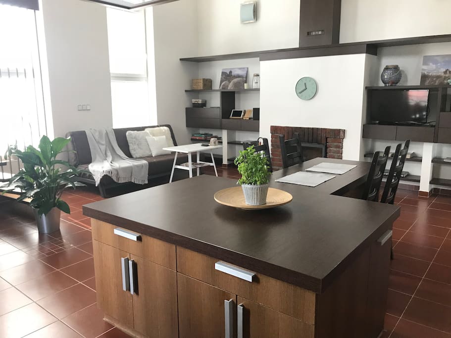 Kitchen island, dining and living area
