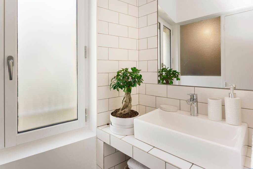 Salle de bains avec douche à l'italienne, linge fourni
