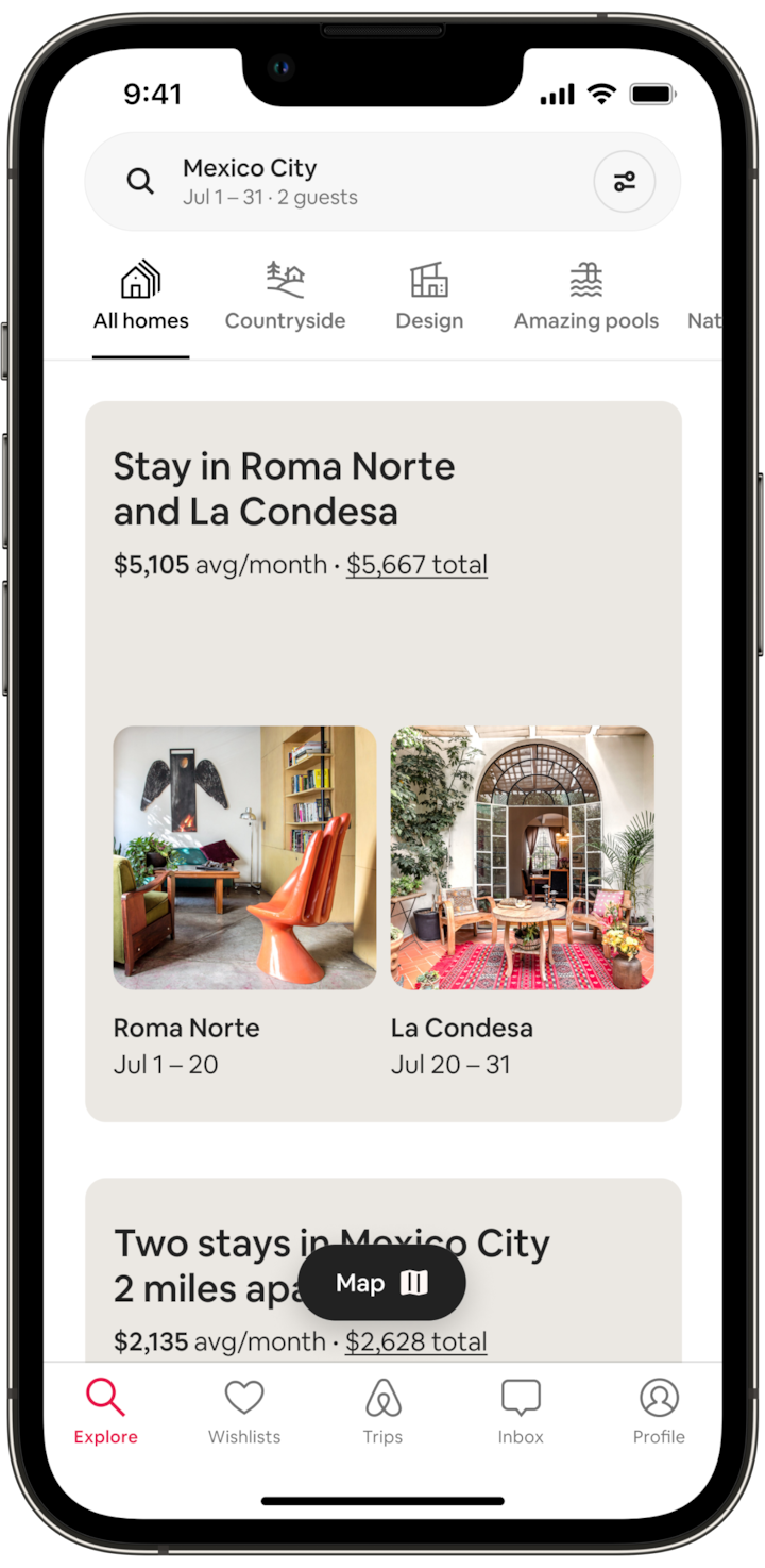 The screen of a mobile phone shows a Split Stay. The screen says “Stay in Roma Norte and La Condesa,” the price of the trip, and images of two bright, colorful—but different—patio spaces in Mexico City. Below there is a button labeled “Map.”