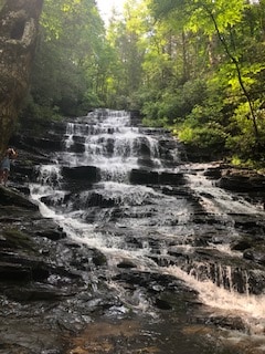 A cascading waterfall flows gently over a series of rocky ledges, surrounded by lush greenery. Sunlight filters through the trees, creating a soft, dappled light effect on the water's surface. The natural beauty of the scene invites a sense of peace and tranquility.