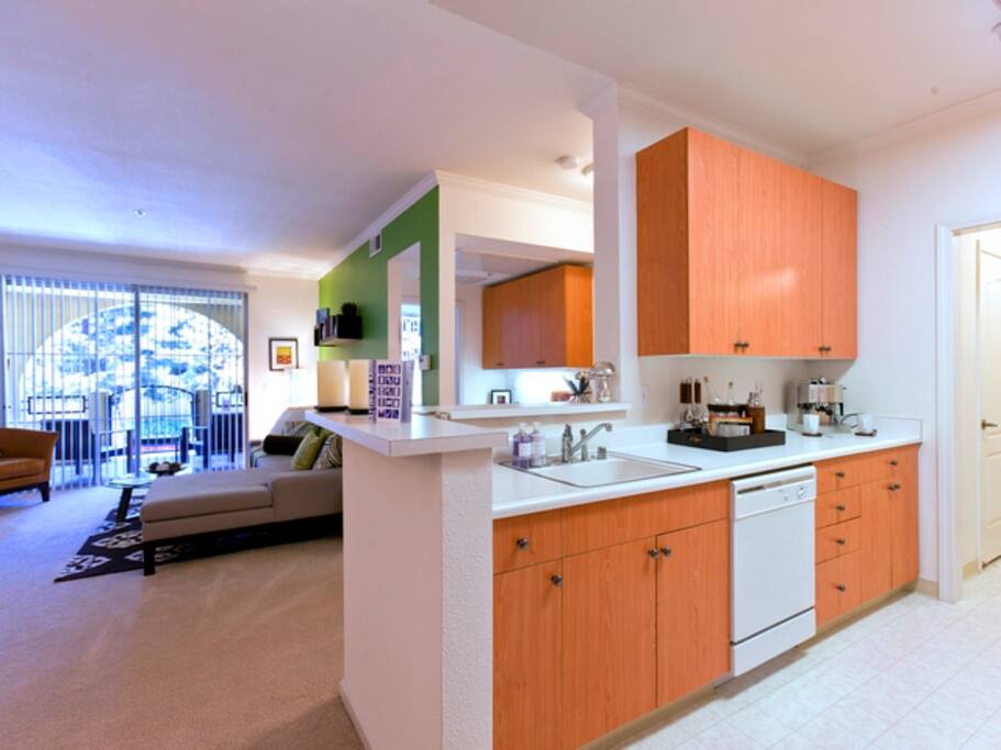 Open kitchen plan with a view of the patio.