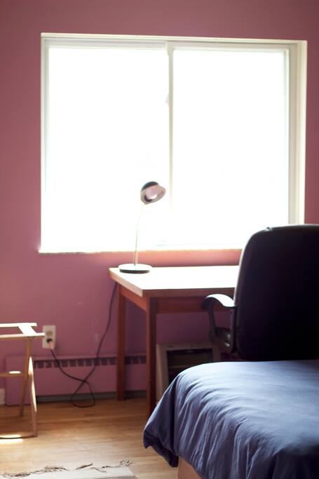 Purple room with afternoon sun coming in