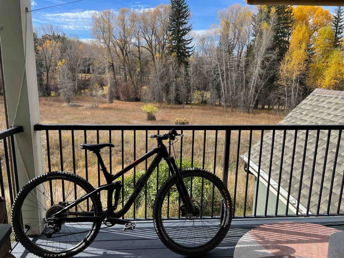 A balcony view showcases a black mountain bike resting against the railing. The landscape features a serene field with golden autumn foliage and trees in the background, creating a peaceful outdoor setting.