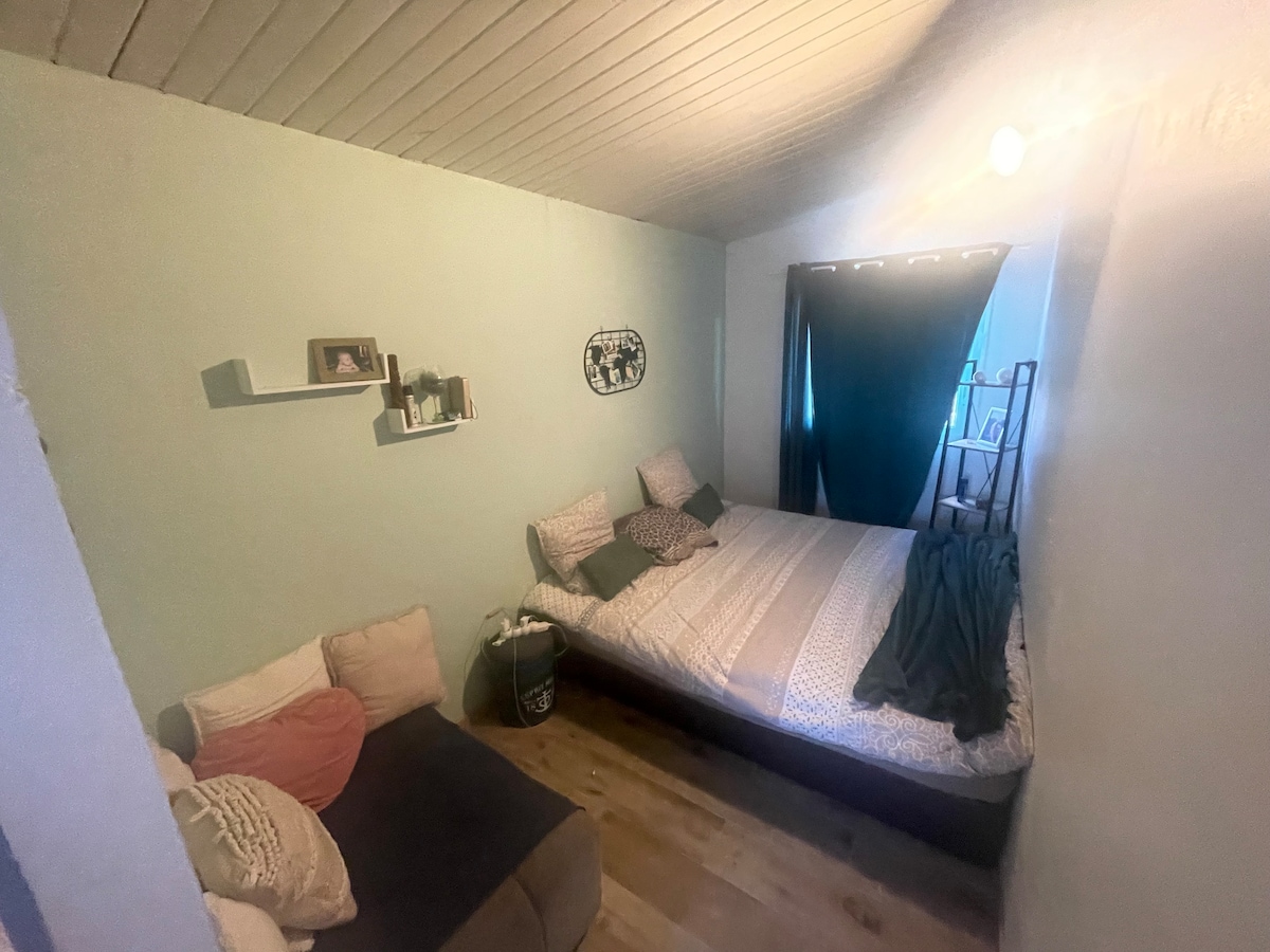 A comfortable sleeping area is presented, featuring a spacious bed dressed in patterned linens. A seating area with soft cushions is located in the corner. Natural light filters through partially drawn curtains, and a shelf displays decorative items against a light blue wall.