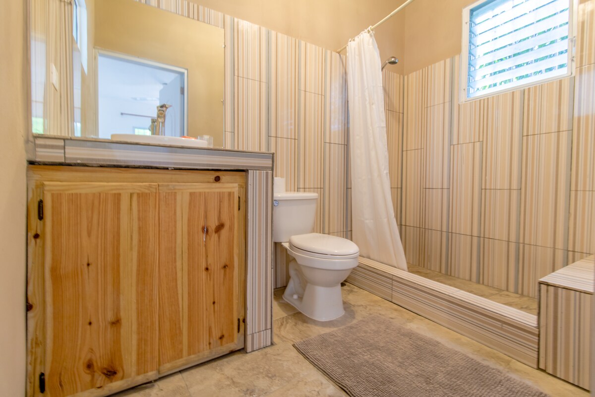 A well-appointed bathroom is presented with neutral-colored walls and decorative tiles. A wooden cabinet provides storage beneath the sink. A walk-in shower features glass partitioning and a white curtain, while a light-colored rug rests on the floor next to the toilet.