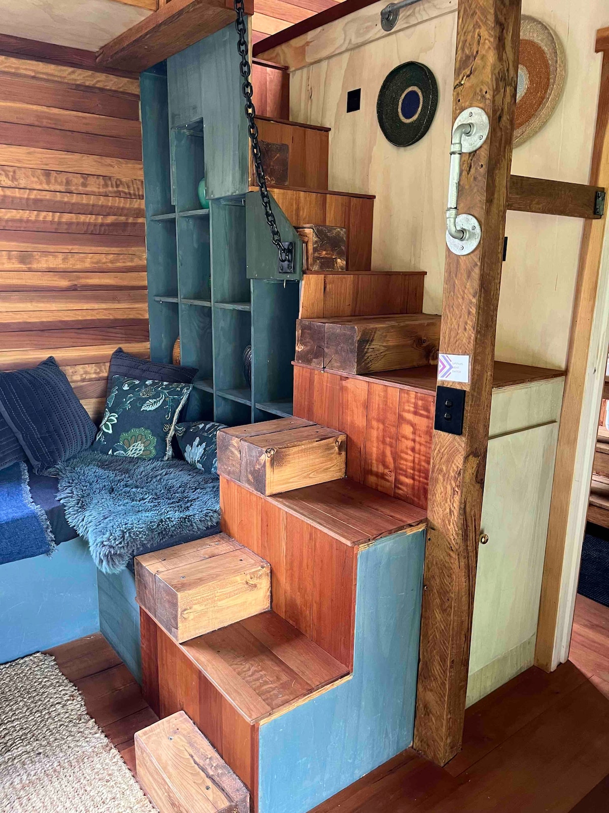 Stairs to the bedrooms There is a pull down stair space cover at the top at Lone Oak Eco Cabin in Okoroire