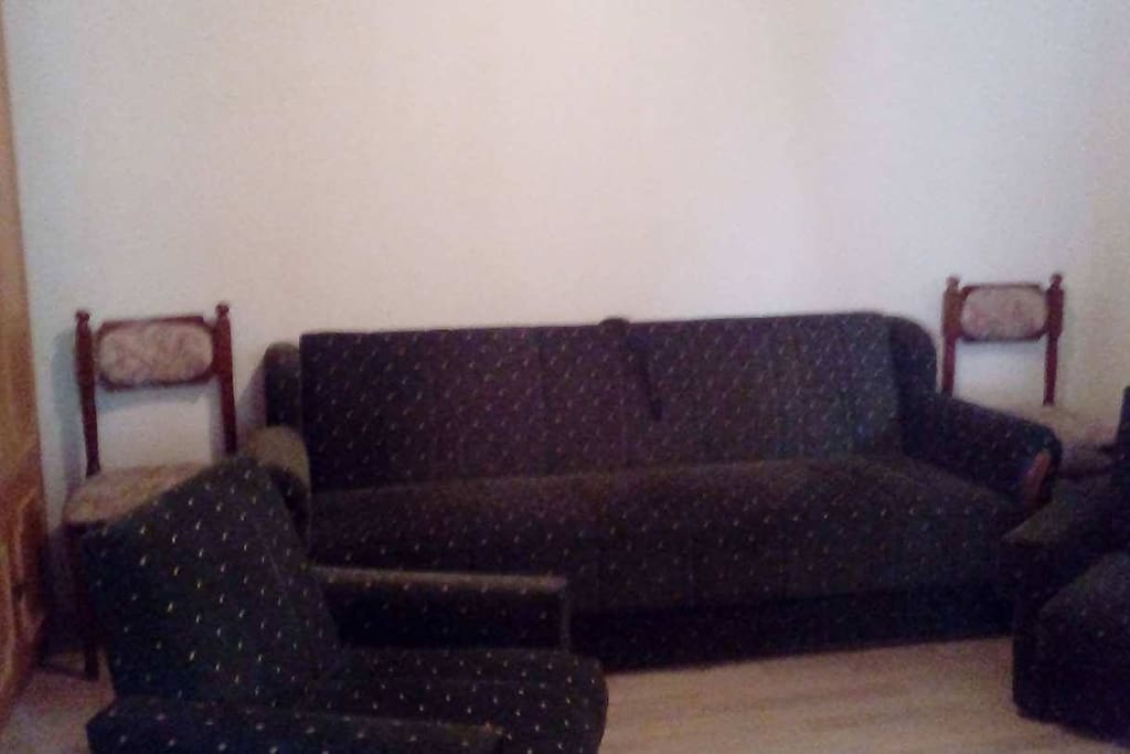 Green bedroom, the sofa bed pulls out and two can comfortably sleep on it.