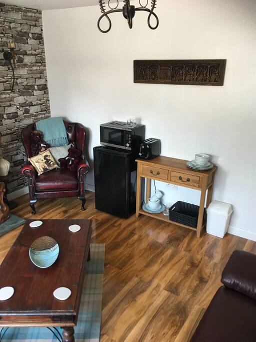 Fridge, microwave, toaster, crockery etc