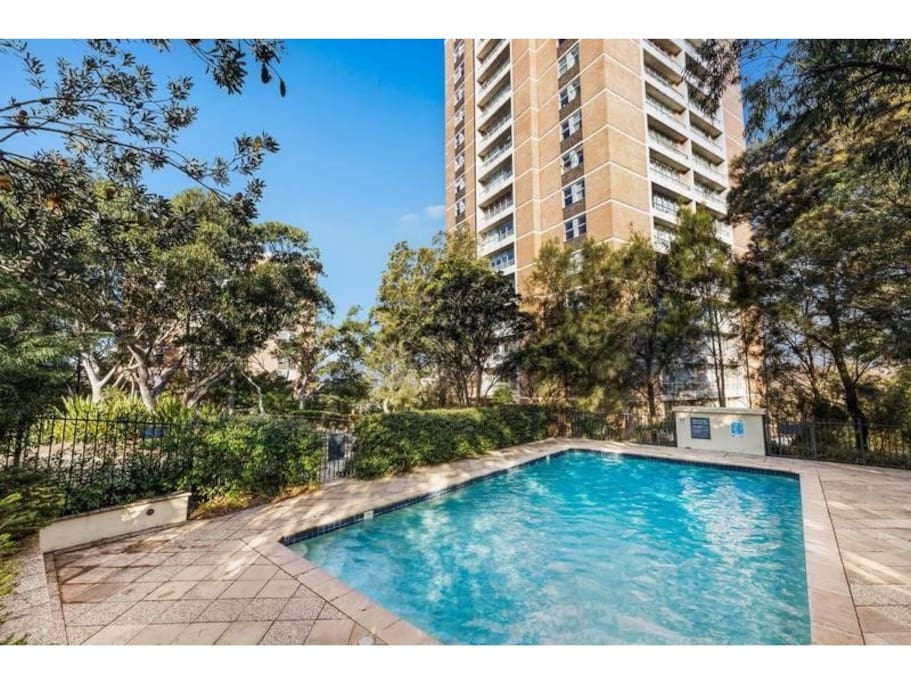 Pool and tower - apartment is the top floor.
