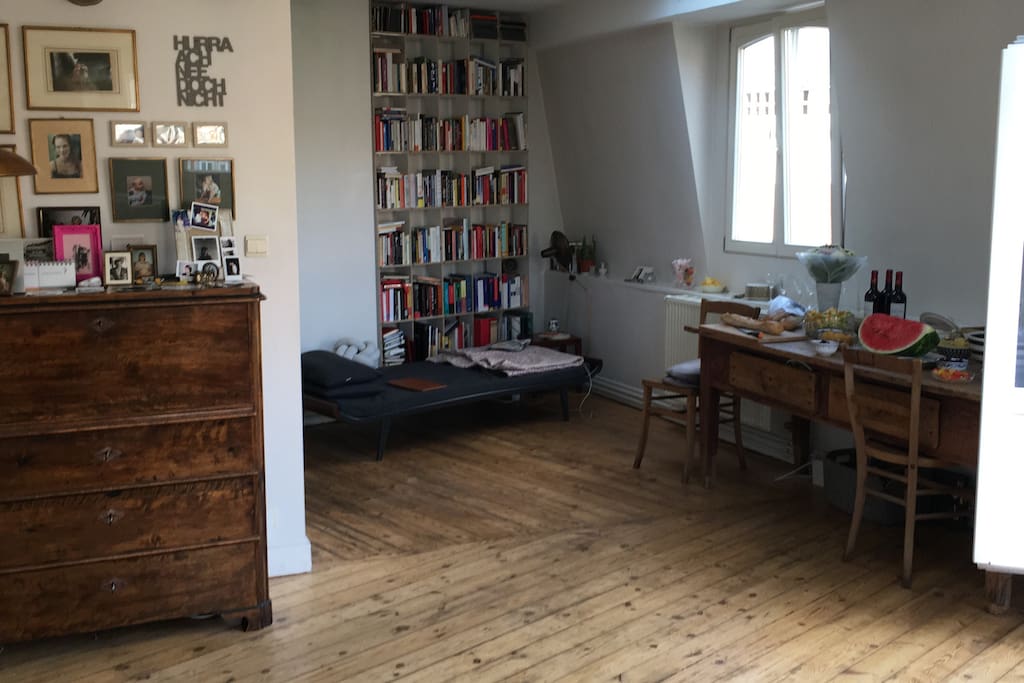 living room with the kitchen attached