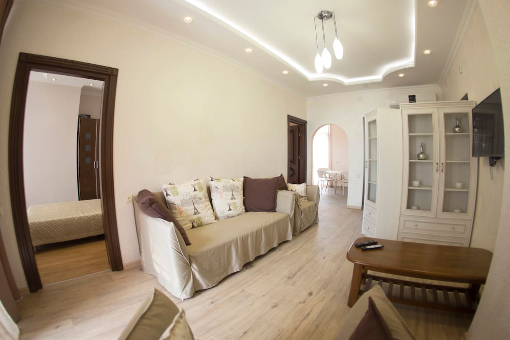 Living room with flat screen TV and a balcony with the Black Sea view