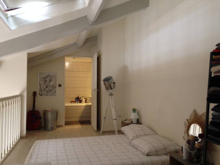 salle de bain avec baignoire, lave linge, rangements, velux