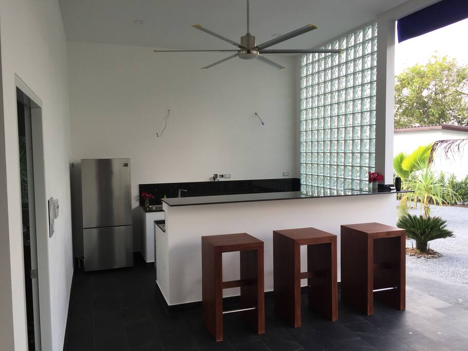 This is the view from the living room to the open kitchen with a high bar for heaving a small lunch or reading the newspaper.
