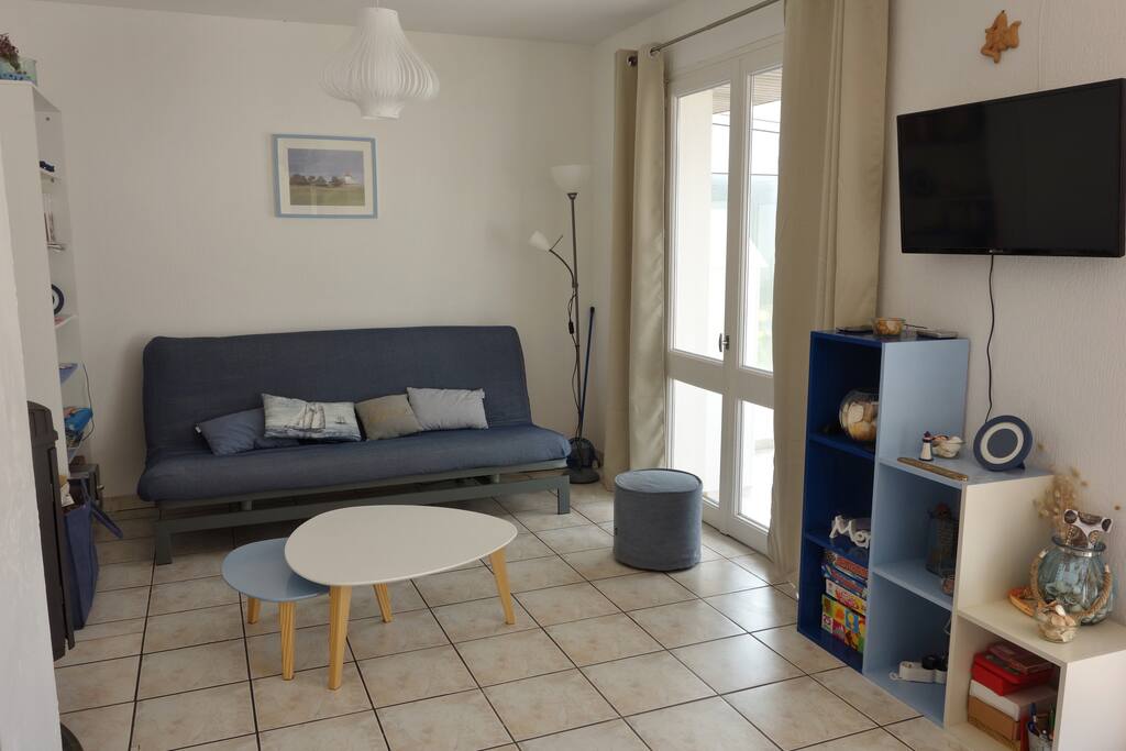 Séjour, canapé convertible, TV LED 32", jeux, bibliothèque