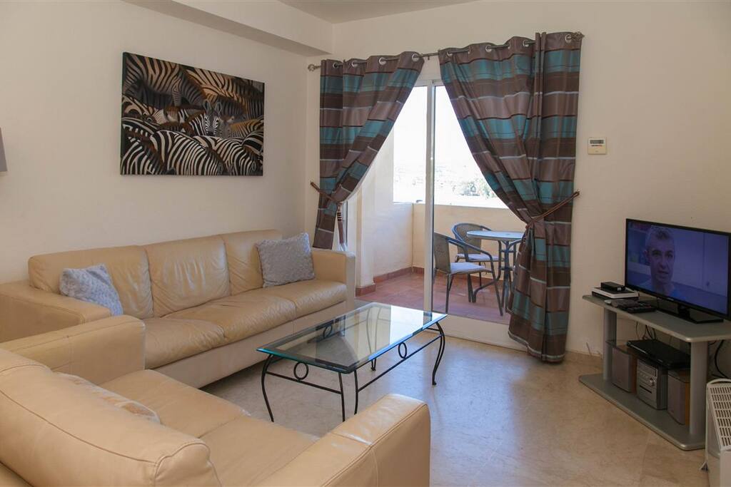 Lounge area with leather sofas and Sky TV