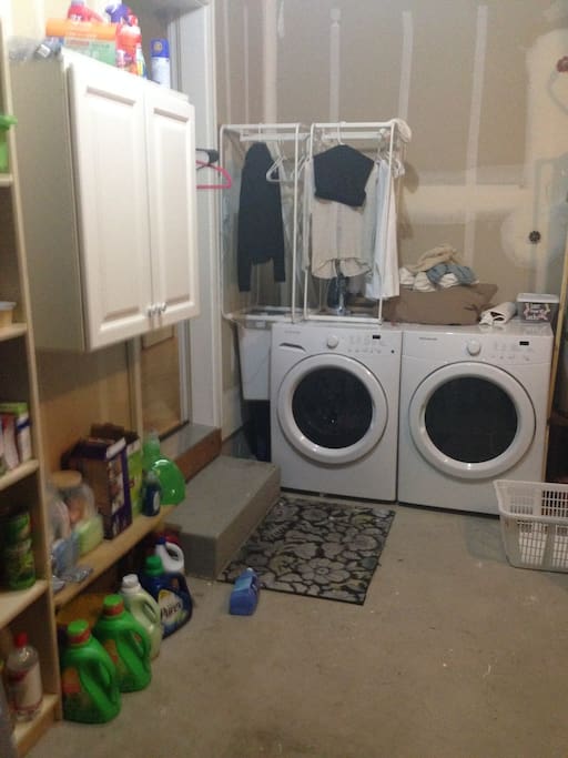 Washer and dryer. Please bring your own HD Efficiency washer tablets/detergent.