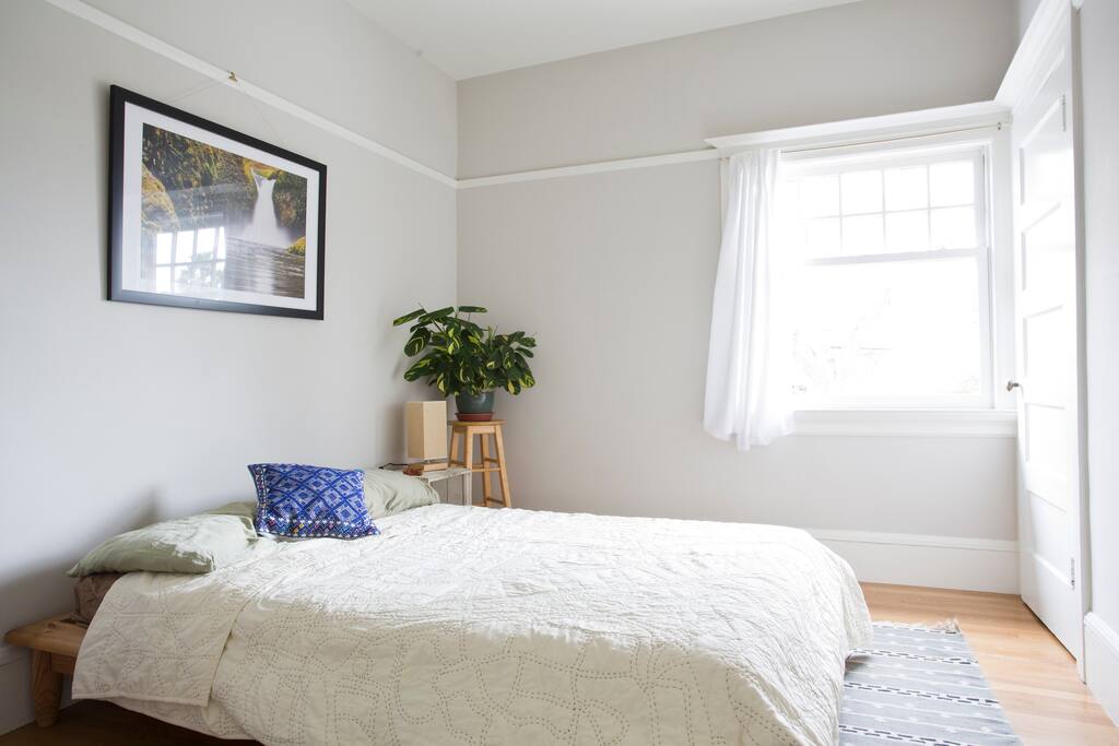 your cozy bright room with a super comfortable full size bed