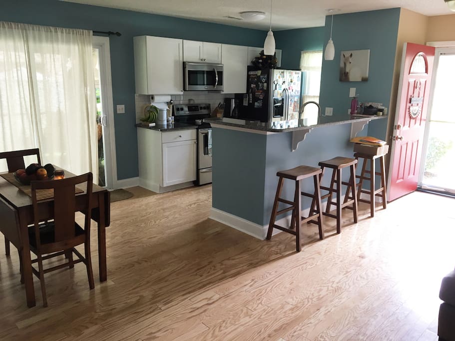Open kitchen layout with bar.