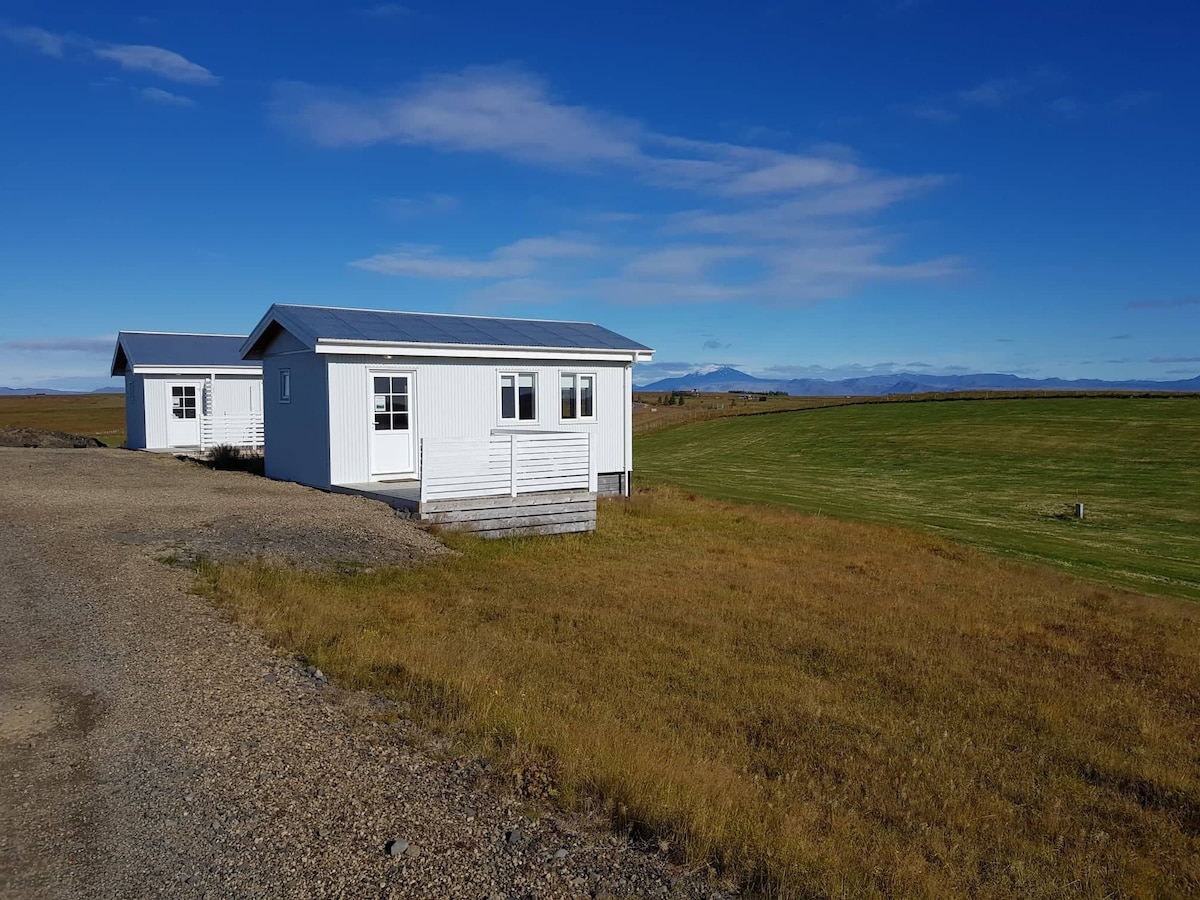 Two light blue bungalows are situated on an open grassy landscape, showcasing large windows and a welcoming porch. Mountains are faintly visible in the background under a clear blue sky, while the foreground features a gravel path leading to the bungalows.