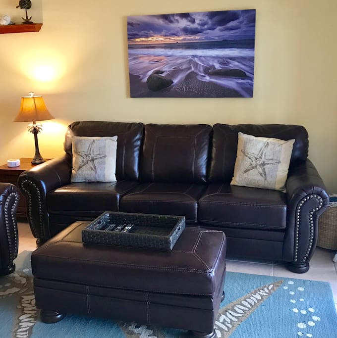 Rest on the new queen leather sleeper sofa and double wide leather chair