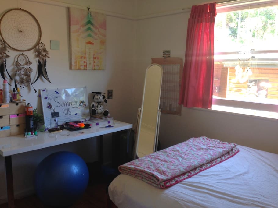 Double bed, desk, storage cubicles and clothes rack.