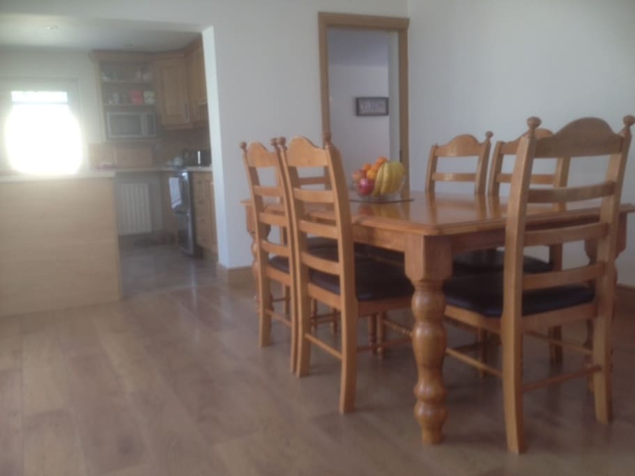 Large kitchen and dining area