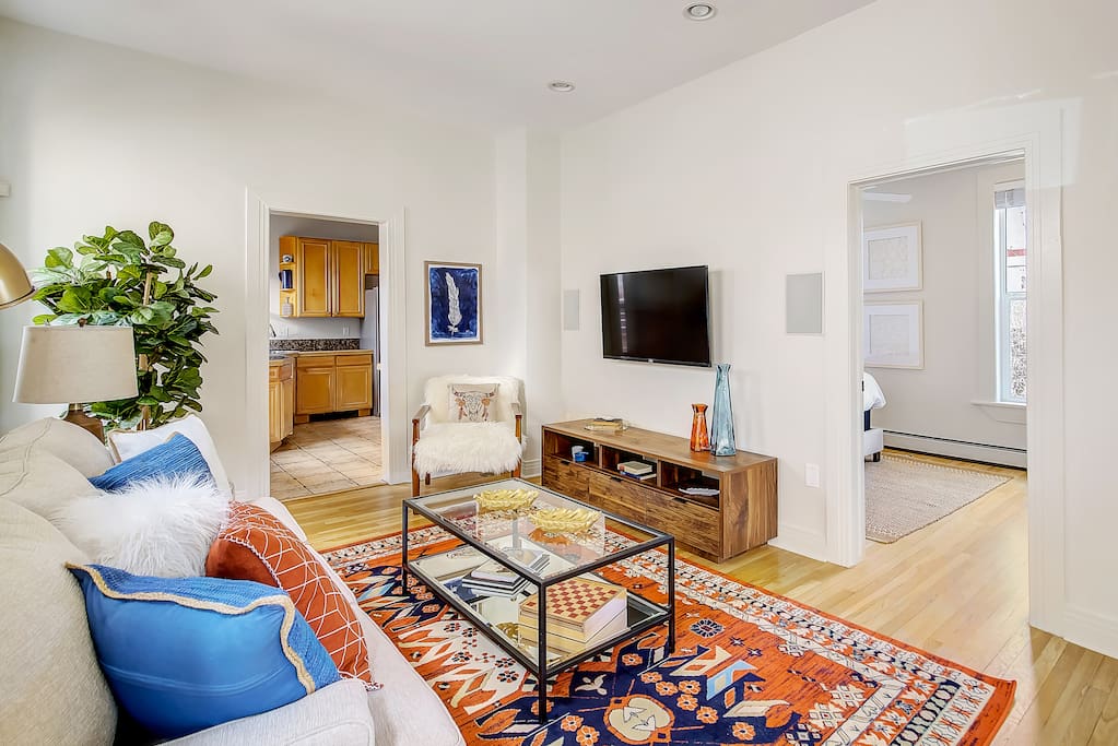 Living space with comfy couch.