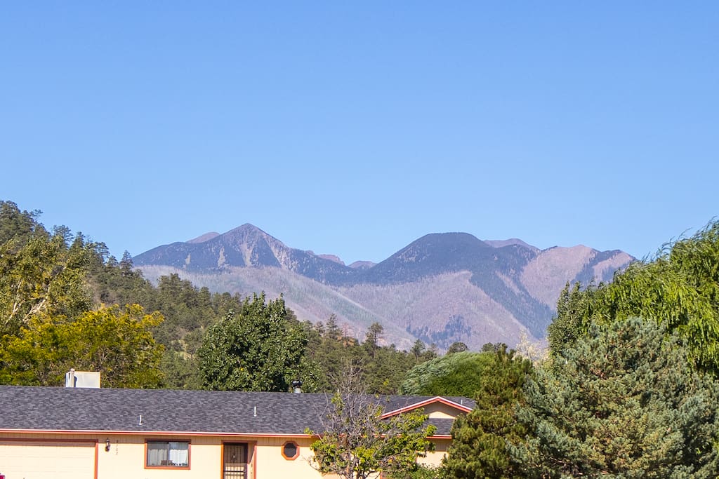 Beautiful view of the San Francisco Peaks from the front porch.