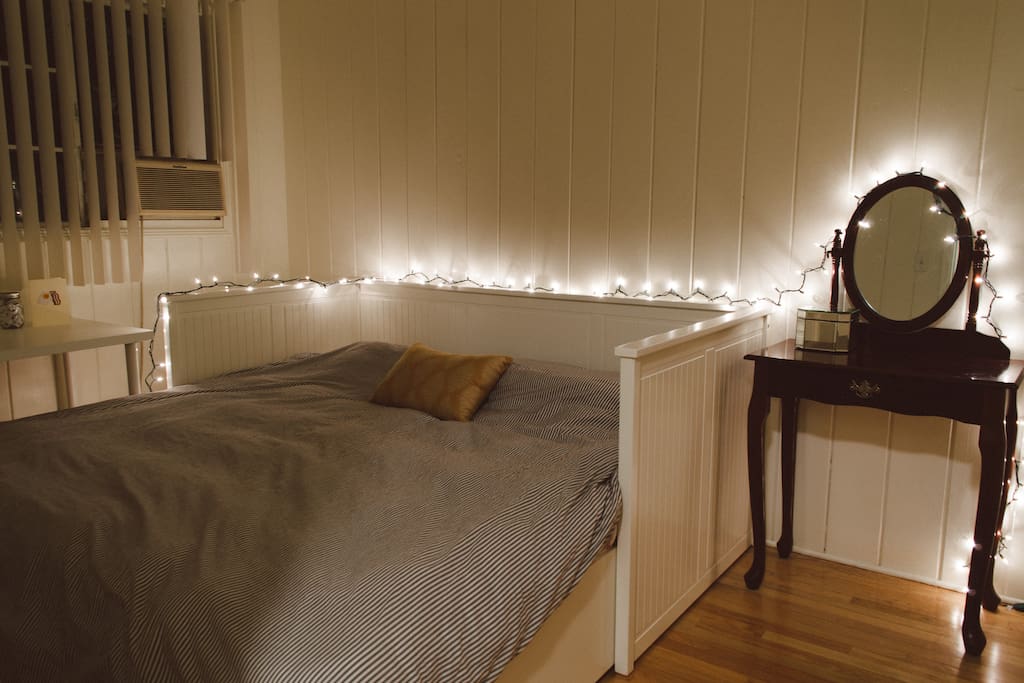 The bed pulls out to become a spacious, king-sized bed that comfortably sleeps 2-3.