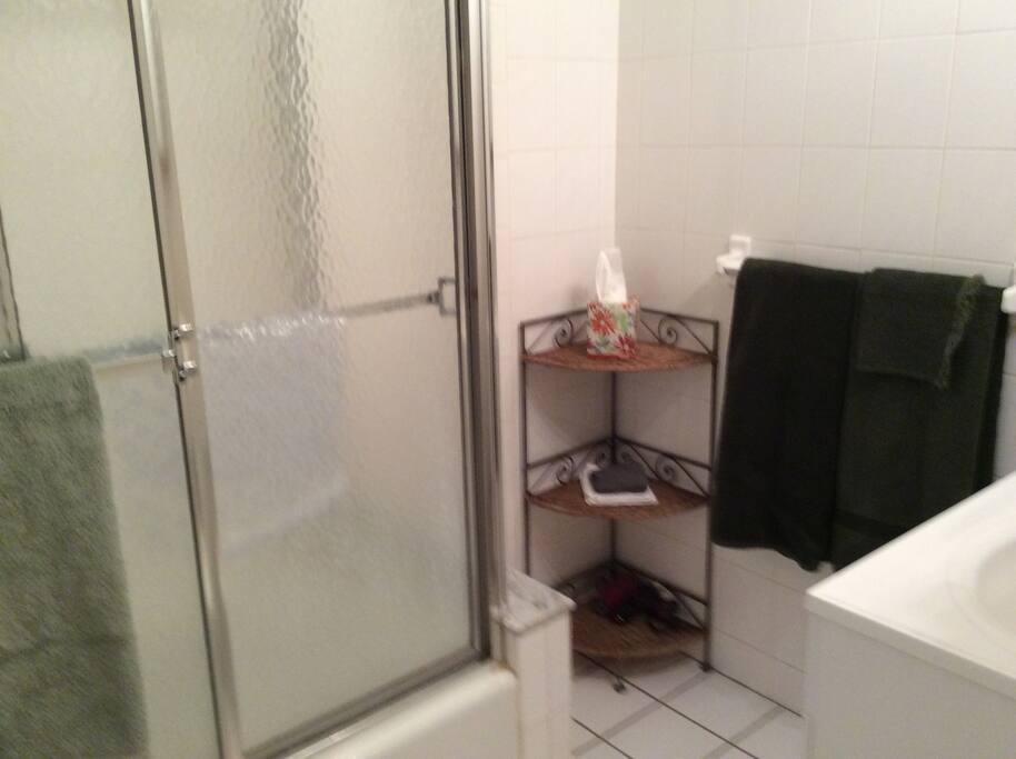 Big bathroom, not the best pic! Newly tiled, nice and clean