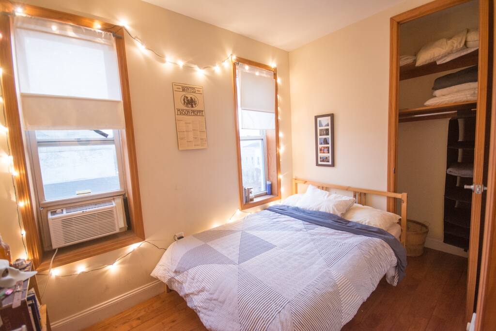 This is the room you will be renting out. It has a full size bed which comfortable sleeps two and a small closet. Fresh & clean sheets, blankets, pillow, and towels will all be provided for you.