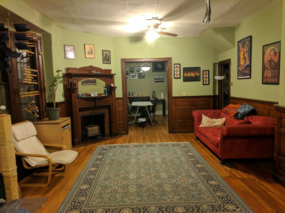 Fireplace is not functional but adds to the character of the place