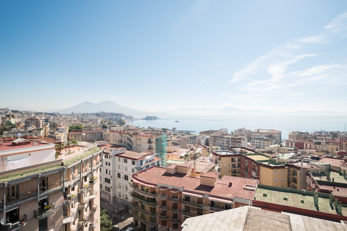 An elevated view showcases a panoramic cityscape, highlighting a blend of colorful buildings and the sparkling sea. The serene blue sky complements the distant hills and water, offering a clear and unobstructed perspective of the coastal surroundings.