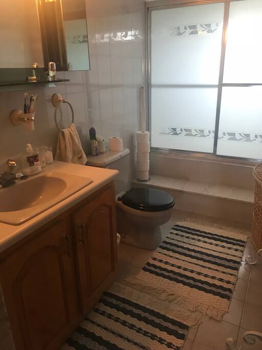 There is shower with a bath Tub.