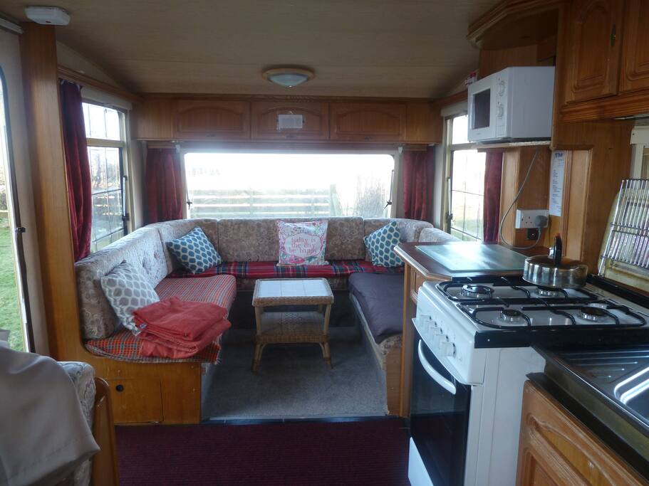 Seating area and pull out bed.