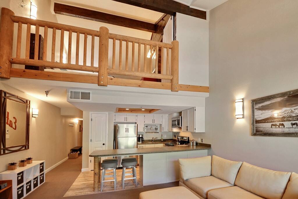 Kitchen opens up into living room.