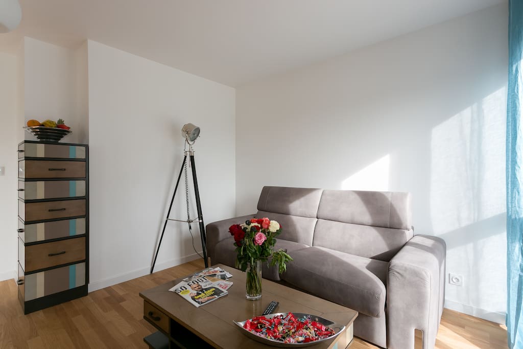 First level, living room with sofa and tv.
Au premier niveau, l'espace de vie, avec le salon.