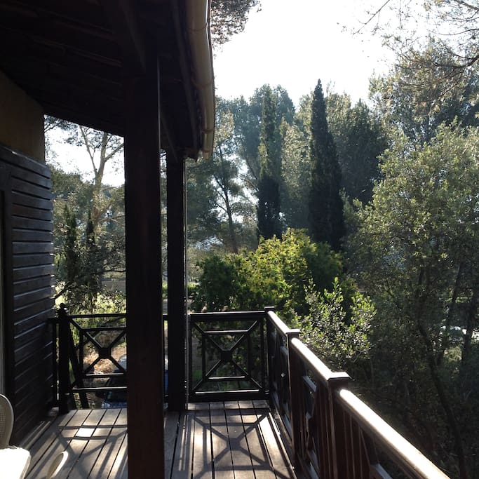 Terrasse bois exotique fraîche et moitié ombragée ,en hauteur ,vue sur pins,pas de vis à vis