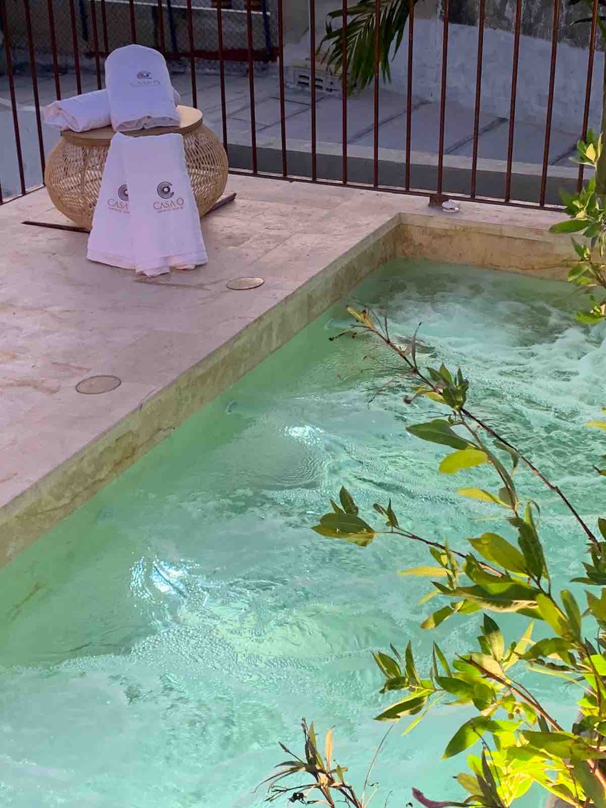 A serene outdoor space features a clear green pool surrounded by a stone deck. A cozy seating area is equipped with cushions, and a decorative basket adds an element of style. Lush greenery peeks around the edges, contributing to a peaceful ambiance.