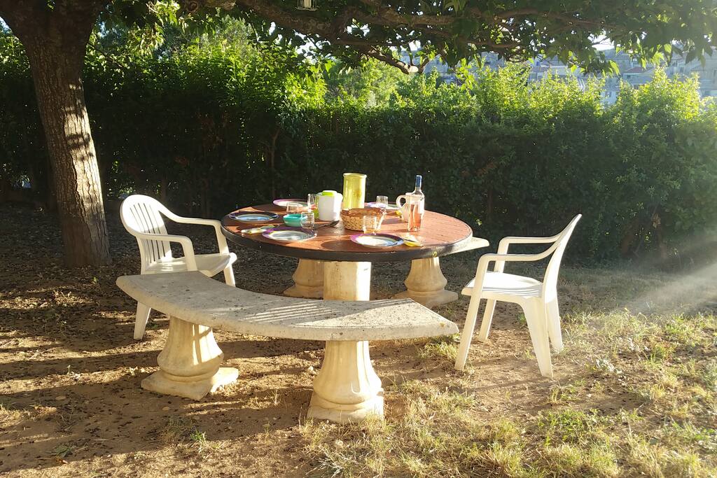 La table ronde sous le grand murier, à l'ombre à midi et au soleil le soir