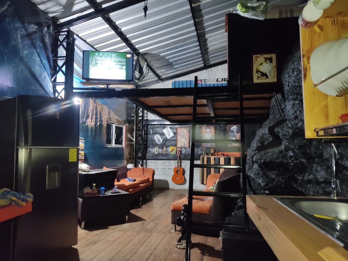 An open living area features a lofted sleeping space above. A television is mounted on a wall, while a kitchenette with wooden shelving is present. Comfortable seating is arranged below, complemented by an acoustic guitar hanging decoratively. Dark walls enhance the unique rustic ambiance.