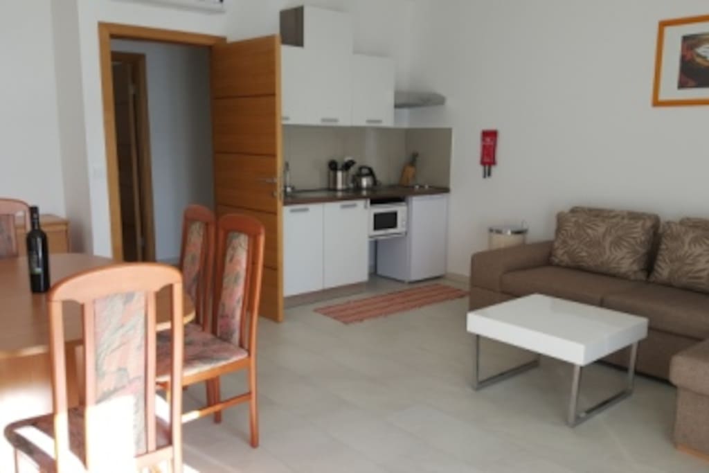Kitchen/dining living room with a big pull out sofa bed