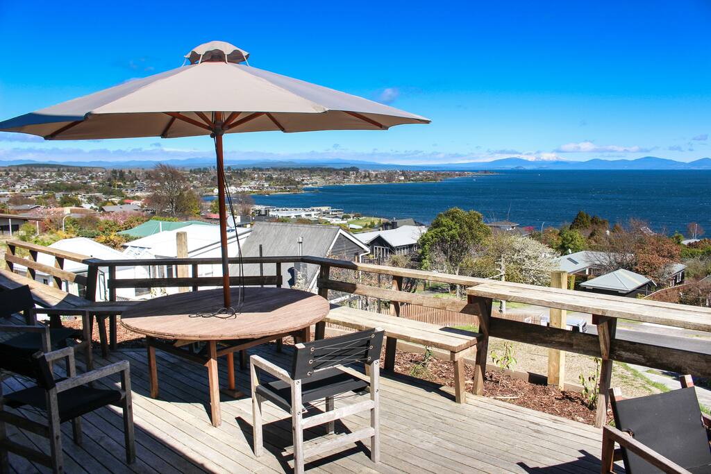 Panoramic lake and mountain views from the front deck