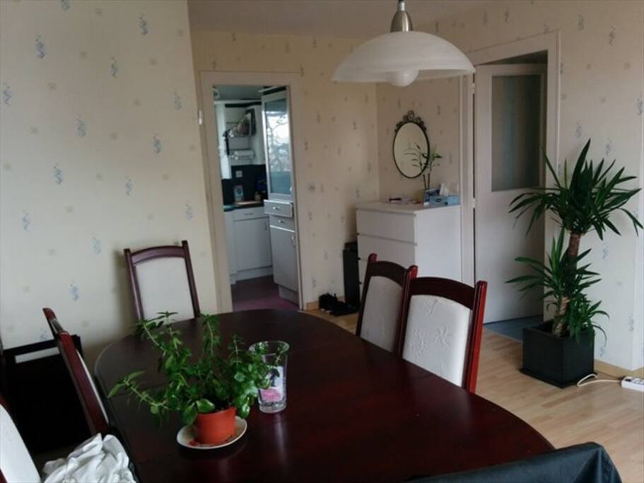 Coin salle à manger avec table accueillant 8 personnes