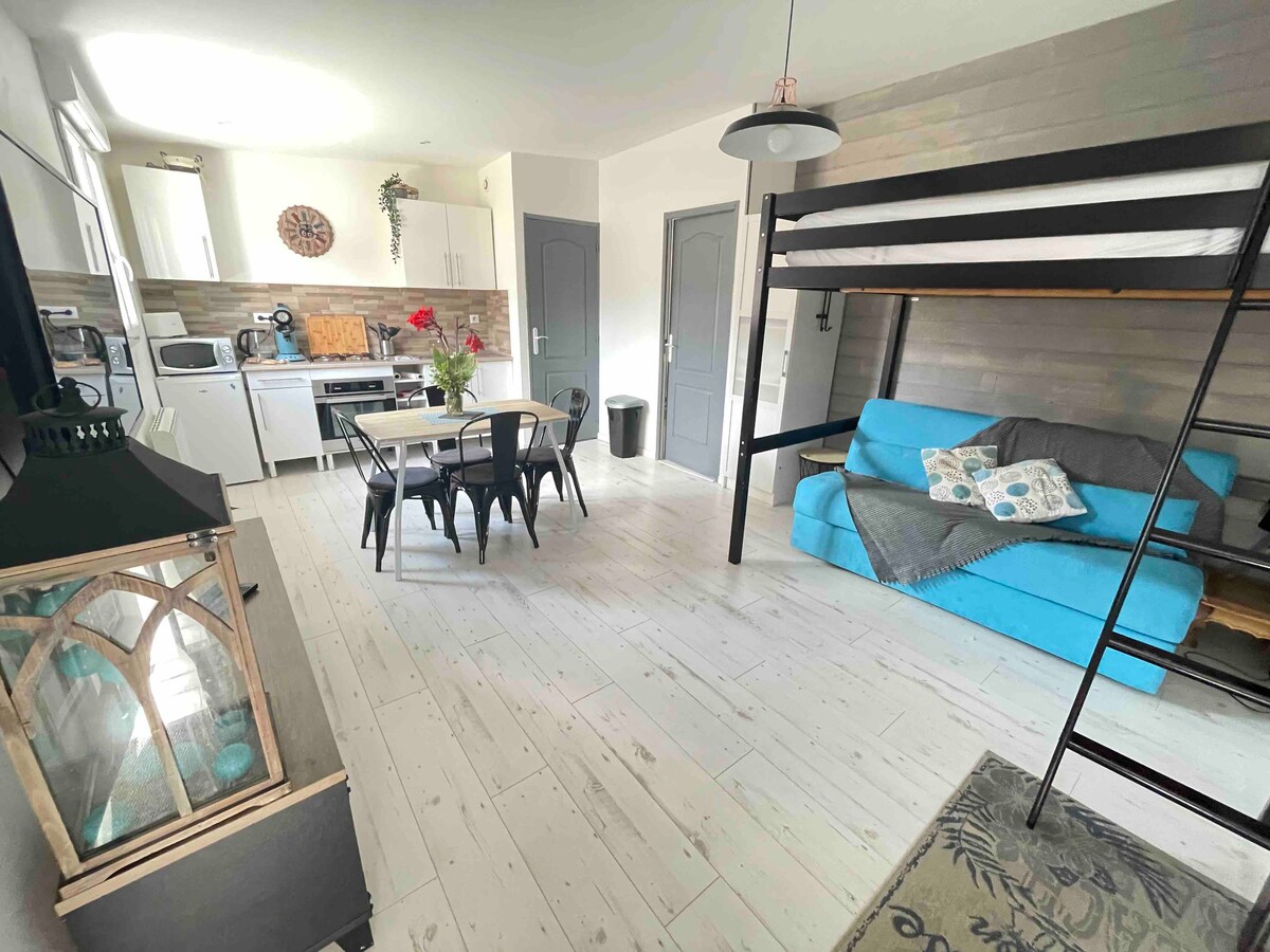 An open layout is displayed, featuring a kitchen with modern appliances and a dining area set with black chairs. A cozy blue sofa complements a lofted bed, while light wood flooring contributes to a bright and airy feel. Natural light fills the space from multiple windows.