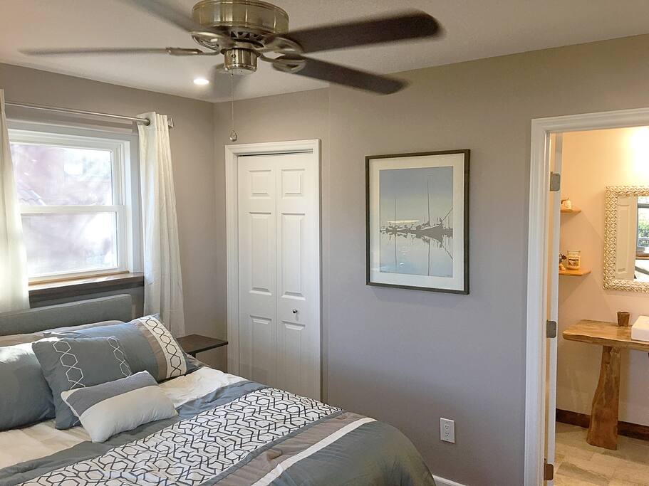 New bed, linens, attached spa bathroom