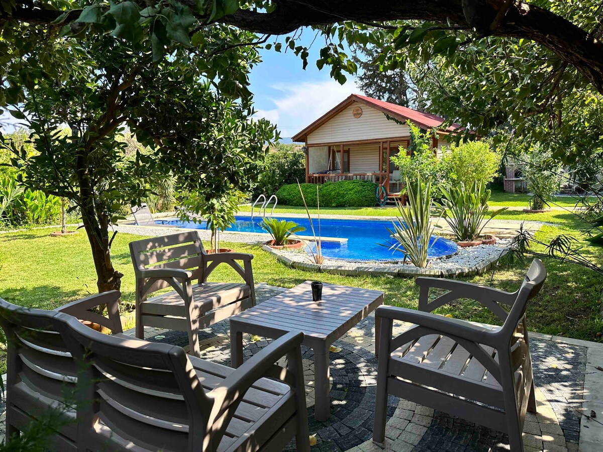A peaceful outdoor seating area is framed by lush greenery, featuring four wooden chairs and a table. In the background, a charming wooden house is visible alongside a serene pool, surrounded by vibrant plants and a well-maintained lawn.