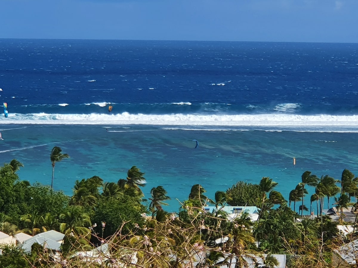 A panoramic view of the lagoon stretches across the image, featuring varying shades of blue and green waters. Gentle waves and kite surfers are visible in the distance, while palm trees sway along the shoreline, contributing to a serene coastal atmosphere.