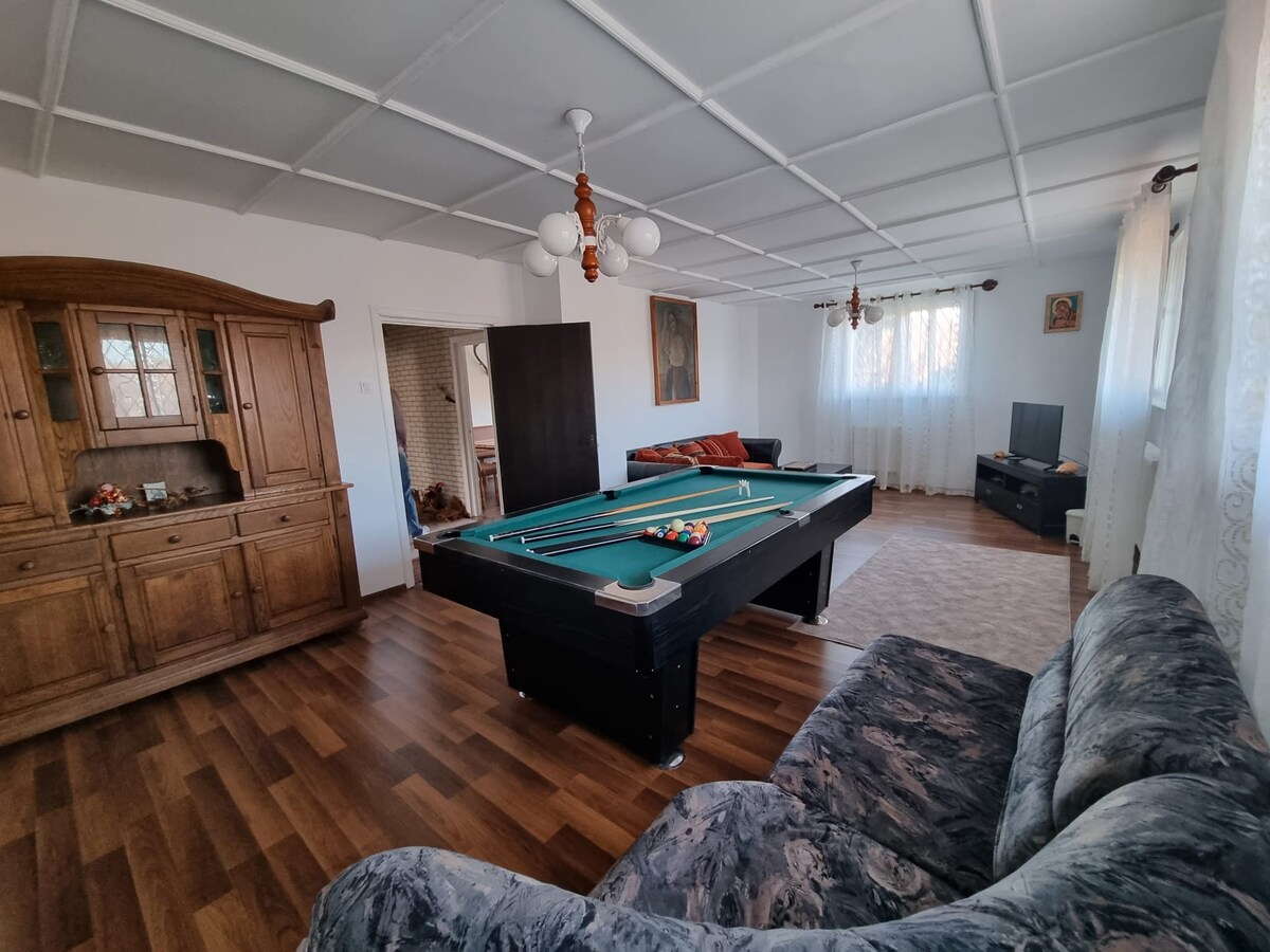 An entertainment room is shown, featuring a billiard table at the center. A storied wooden cabinet occupies one side, while a plush sofa complements the space. Natural light floods in through sheer curtains, enhancing the open, inviting layout with a small television visible in the background.